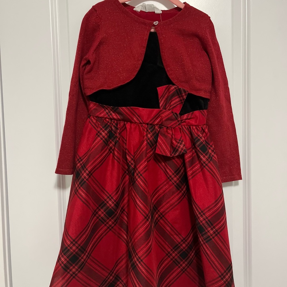 Girls Red Plaid Dress with Cardigan